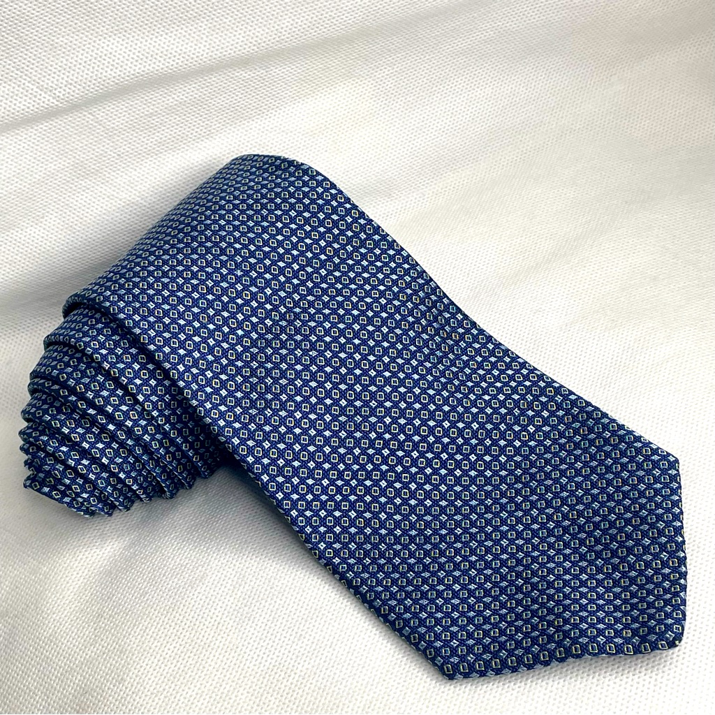 Brooks Brothers Makers All Silk Tie Necktie Blue Silver Yellow Squares Usa Made